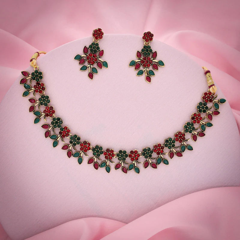 Tehzeeb Creation Green and maroon Pack of 1 Gold Plated Choker Necklace set With Earring for Women & Girls THZ123