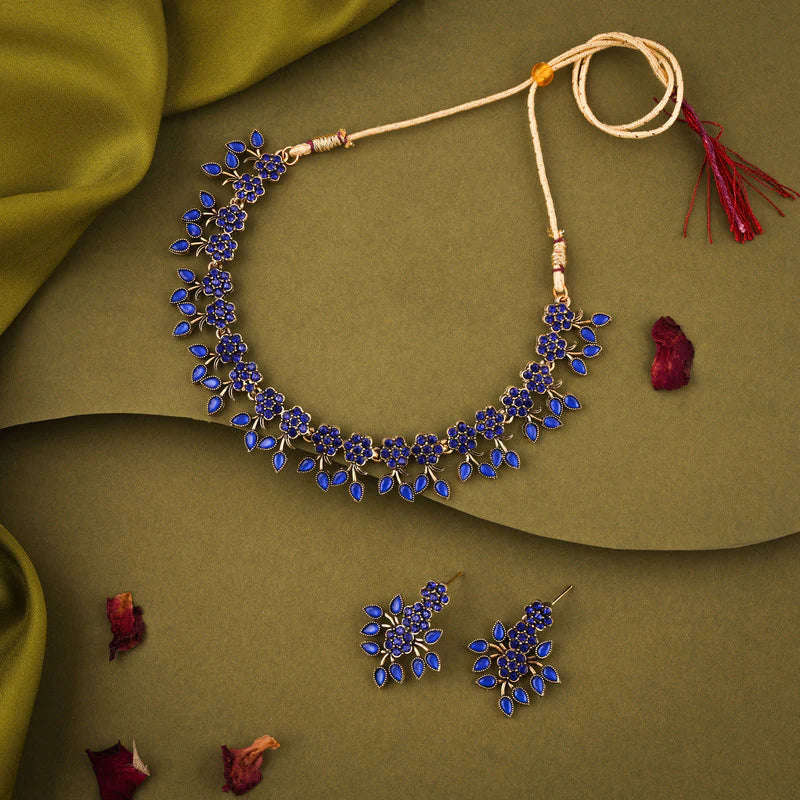 Tehzeeb Creation Royal Blue Pack of 1 Gold Plated Choker Necklace set With Earring for Women & Girls THZ124