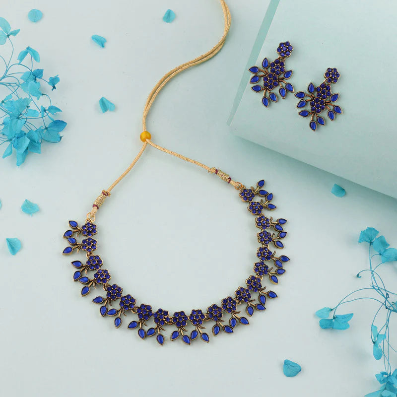 Tehzeeb Creation Royal Blue Pack of 1 Gold Plated Choker Necklace set With Earring for Women & Girls THZ124