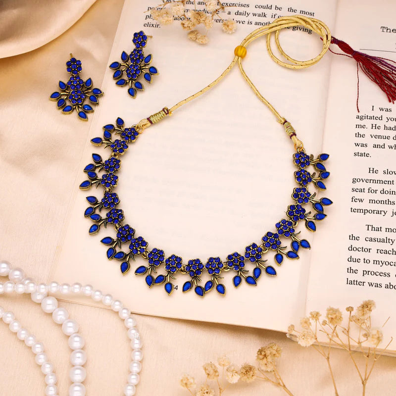 Tehzeeb Creation Royal Blue Pack of 1 Gold Plated Choker Necklace set With Earring for Women & Girls THZ124