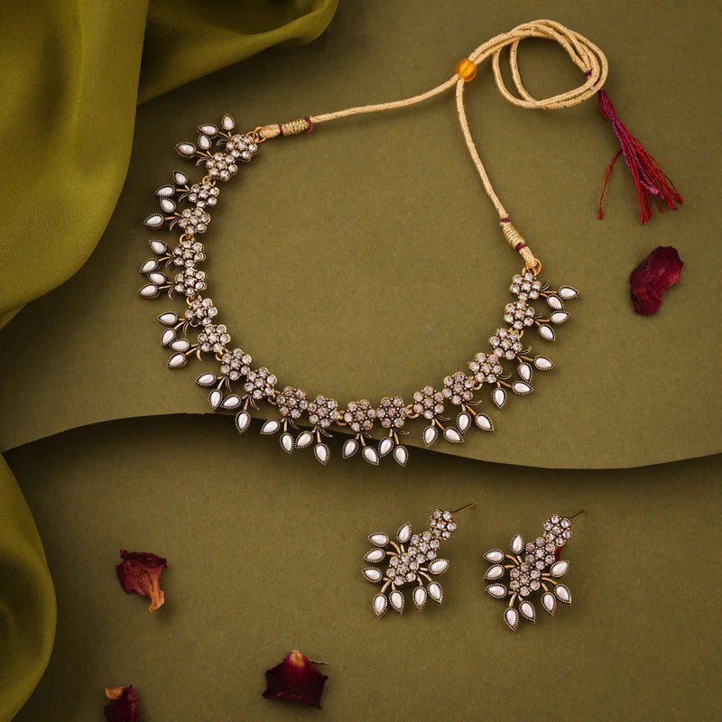 Tehzeeb Creation White Colour Pack of 1 Gold Plated Choker Necklace set With Earring for Women & Girls THZ126