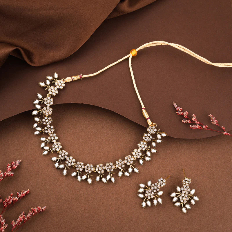 Tehzeeb Creation White Colour Pack of 1 Gold Plated Choker Necklace set With Earring for Women & Girls THZ126