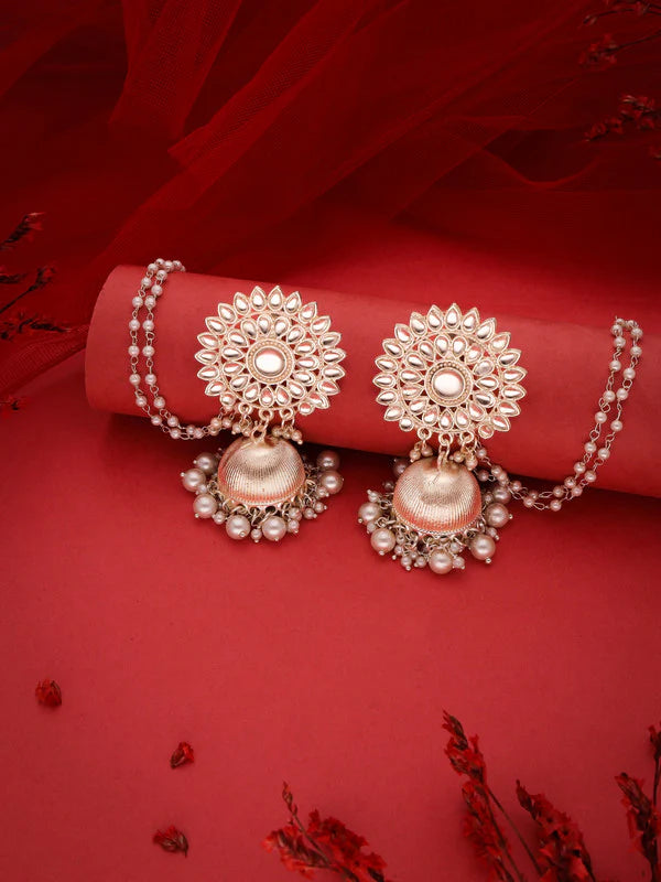 Tehzeeb Creation  Kundan Pearl Studded Long Dangle Earrings for Women & Girls | Gold Polished Statement Earrings, Jhumar Buti Design Perfect for Weddings & Special Occasions  THZ129