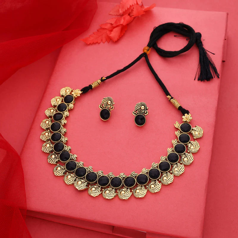 Tehzeeb Creation Black Colour Gold Plated  Stone Jewellery Choker Necklace set with Matching Pair of stud Earrings THZ133