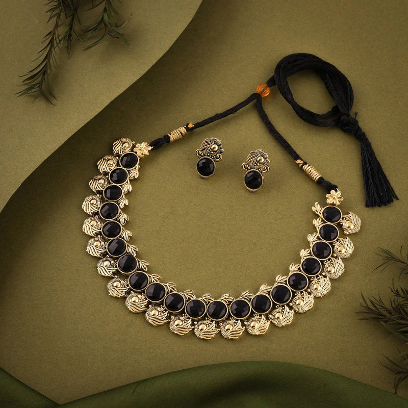 Tehzeeb Creation Black Colour Gold Plated  Stone Jewellery Choker Necklace set with Matching Pair of stud Earrings THZ133
