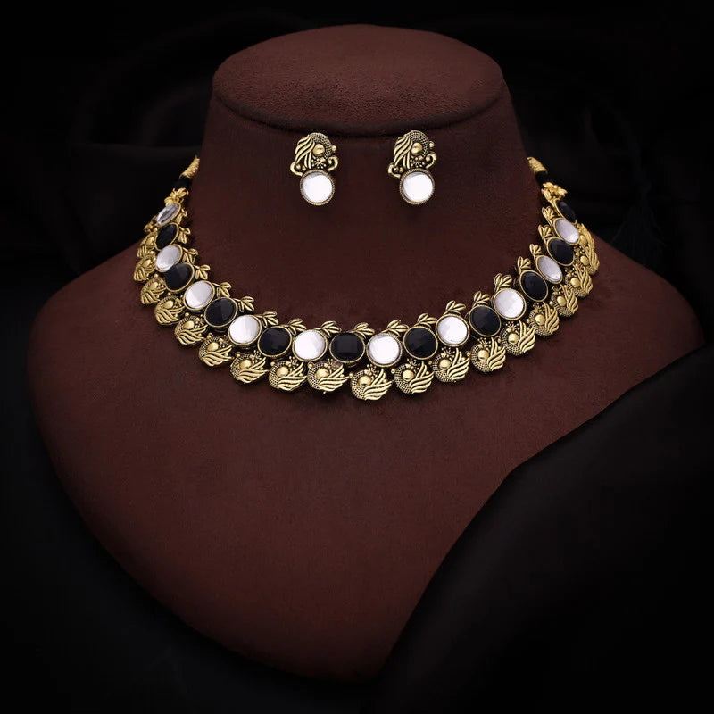 Tehzeeb Creation Black and white Colour Gold Plated  Stone Jewellery Choker Necklace set with Matching Pair of stud Earrings THZ134