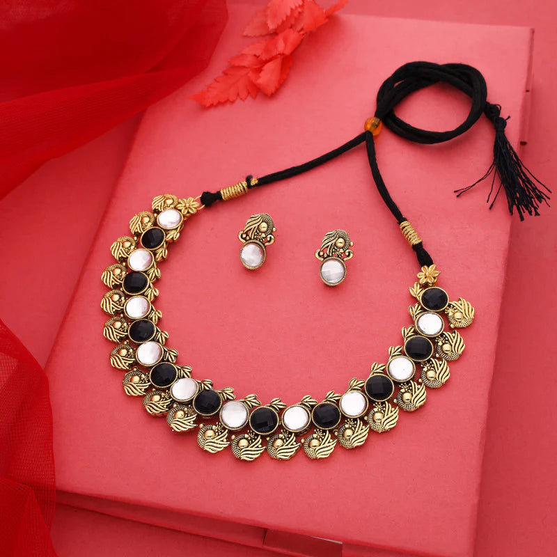Tehzeeb Creation Black and white Colour Gold Plated  Stone Jewellery Choker Necklace set with Matching Pair of stud Earrings THZ134