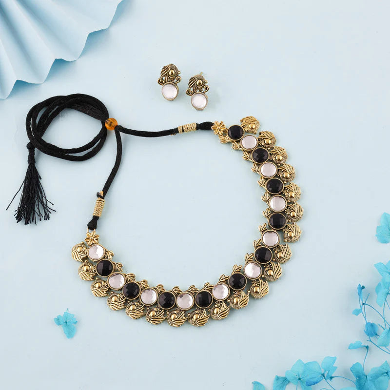 Tehzeeb Creation Black and white Colour Gold Plated  Stone Jewellery Choker Necklace set with Matching Pair of stud Earrings THZ134
