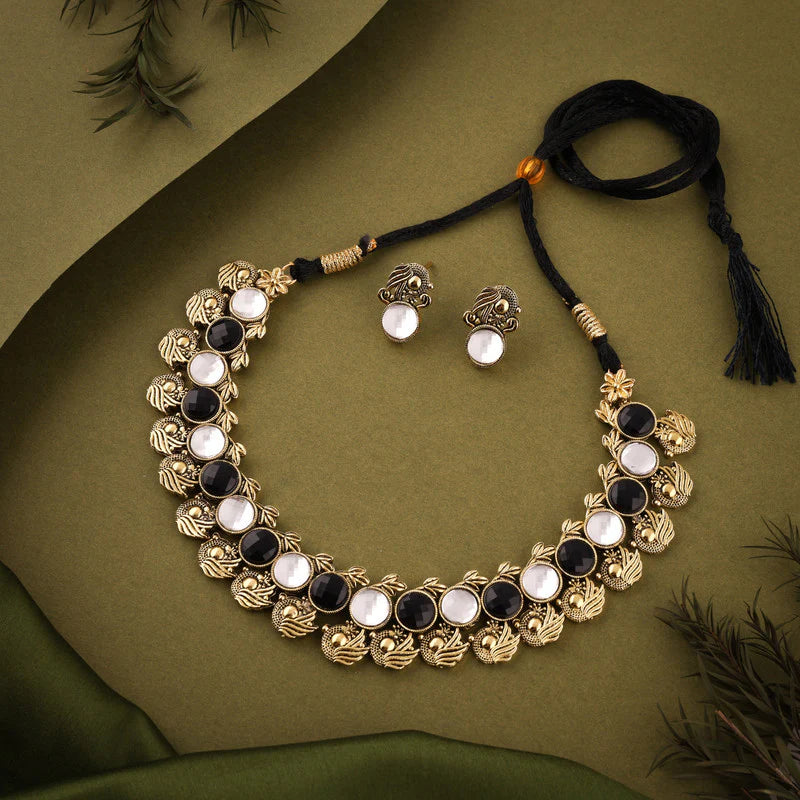 Tehzeeb Creation Black and white Colour Gold Plated  Stone Jewellery Choker Necklace set with Matching Pair of stud Earrings THZ134