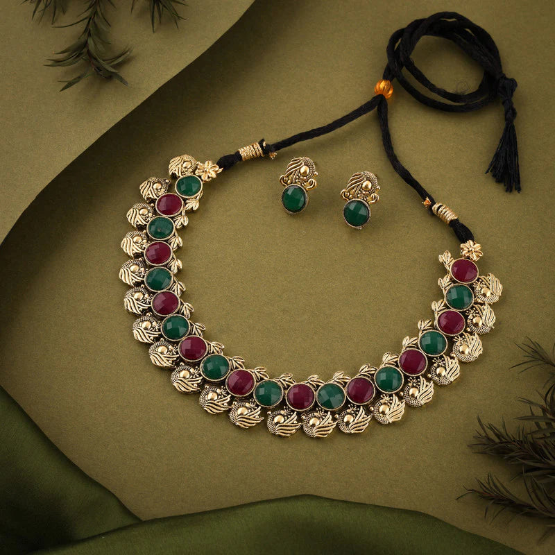 Tehzeeb Creation Green and maroon Colour Gold Plated  Stone Jewellery Choker Necklace set with Matching Pair of stud Earrings THZ136