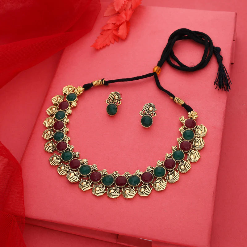Tehzeeb Creations Green And Maroon Colour Gold Plated Stone Jewellery Choker Necklace Set With Matching Pair of Stud Earrings