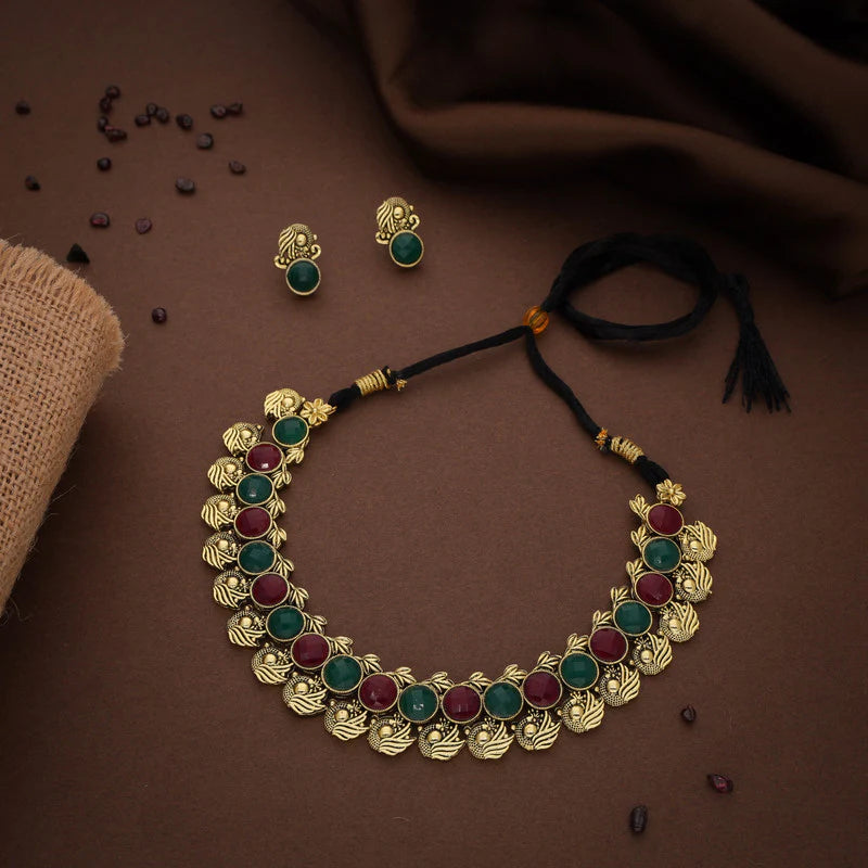 Tehzeeb Creations Green And Maroon Colour Gold Plated Stone Jewellery Choker Necklace Set With Matching Pair of Stud Earrings