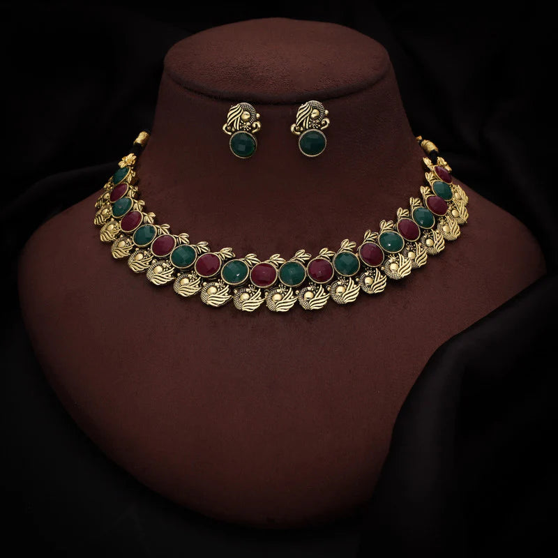 Tehzeeb Creations Green And Maroon Colour Gold Plated Stone Jewellery Choker Necklace Set With Matching Pair of Stud Earrings