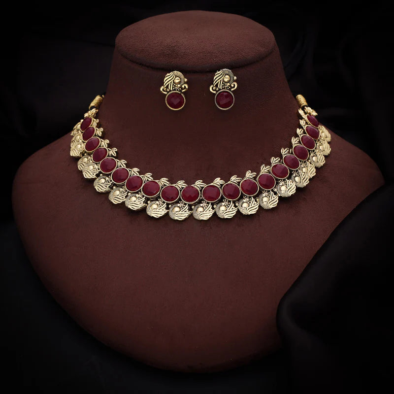 Tehzeeb Creation Maroon Colour Gold Plated  Stone Jewellery Choker Necklace set with Matching Pair of stud Earrings THZ137
