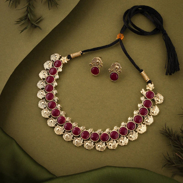 Tehzeeb Creation Maroon Colour Gold Plated  Stone Jewellery Choker Necklace set with Matching Pair of stud Earrings THZ137