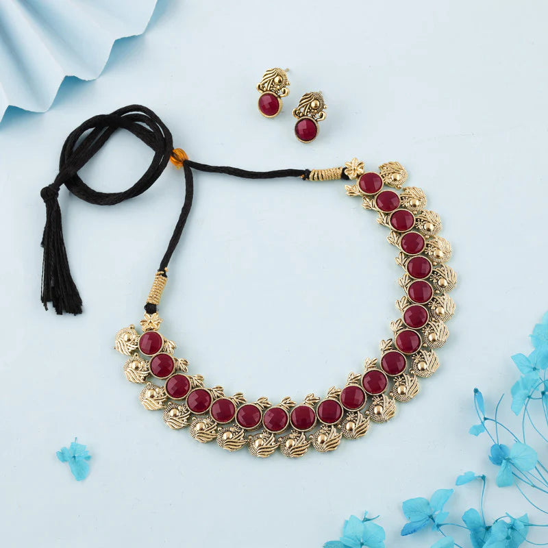 Tehzeeb Creation Maroon Colour Gold Plated  Stone Jewellery Choker Necklace set with Matching Pair of stud Earrings THZ137