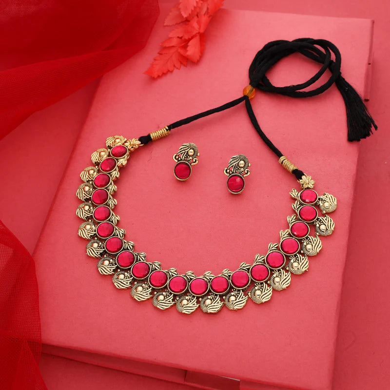 Tehzeeb Creation Pink Colour Gold Plated  Stone Jewellery Choker Necklace set with Matching Pair of stud Earrings THZ138
