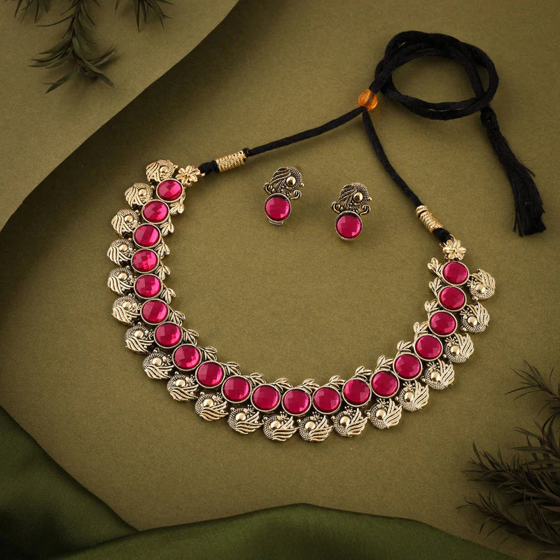 Tehzeeb Creation Pink Colour Gold Plated  Stone Jewellery Choker Necklace set with Matching Pair of stud Earrings THZ138