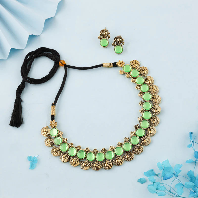 Tehzeeb Creation Sea Green Colour Gold Plated  Stone Jewellery Choker Necklace set with Matching Pair of stud Earrings THZ139