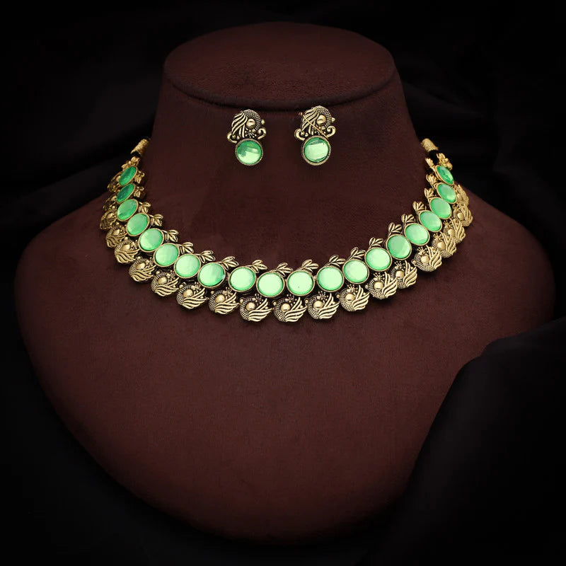 Tehzeeb Creations Sea Green Colour Gold Plated Stone Jewellery Choker Necklace Set With Matching Pair of Stud Earrings