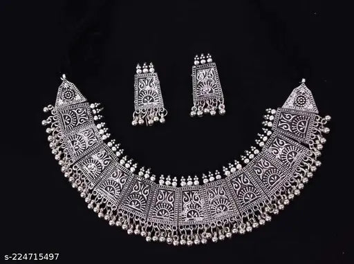 WOMENS GERMAN SILVER OXIDISED NACKLACE AND EARRINGS  THZ050