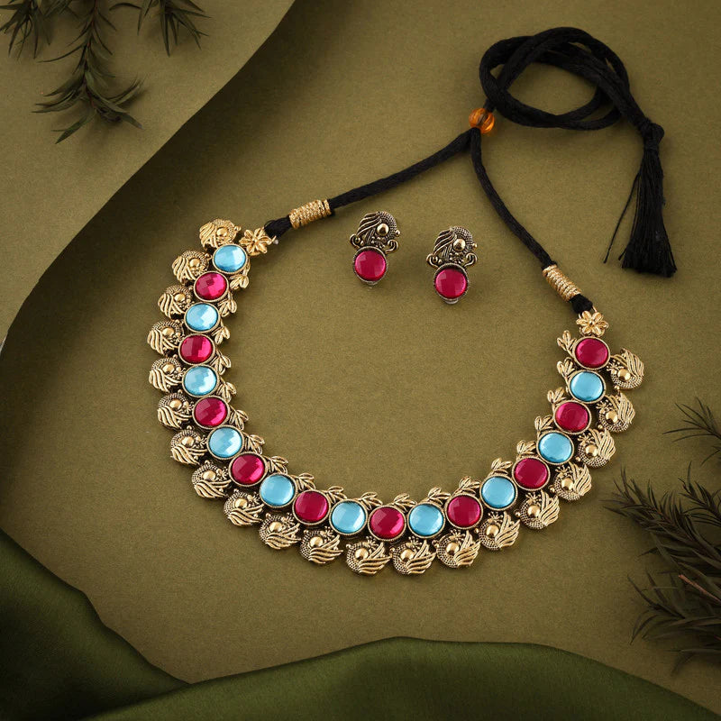 Tehzeeb Creation Sky Blue & Pink Colour Gold Plated  Stone Jewellery Choker Necklace set with Matching Pair of stud Earrings THZ140