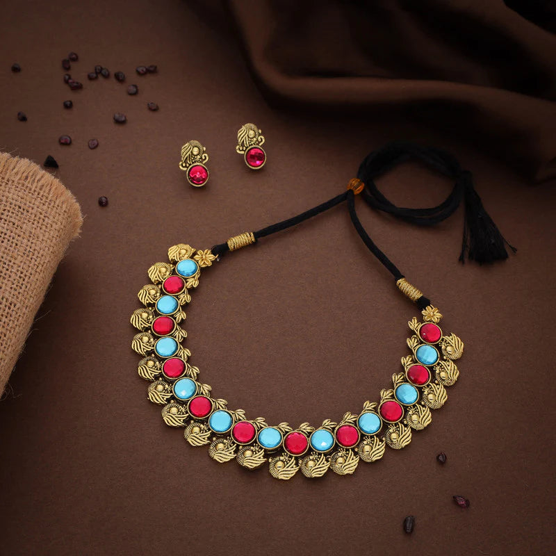 Tehzeeb Creation Sky Blue & Pink Colour Gold Plated  Stone Jewellery Choker Necklace set with Matching Pair of stud Earrings THZ140