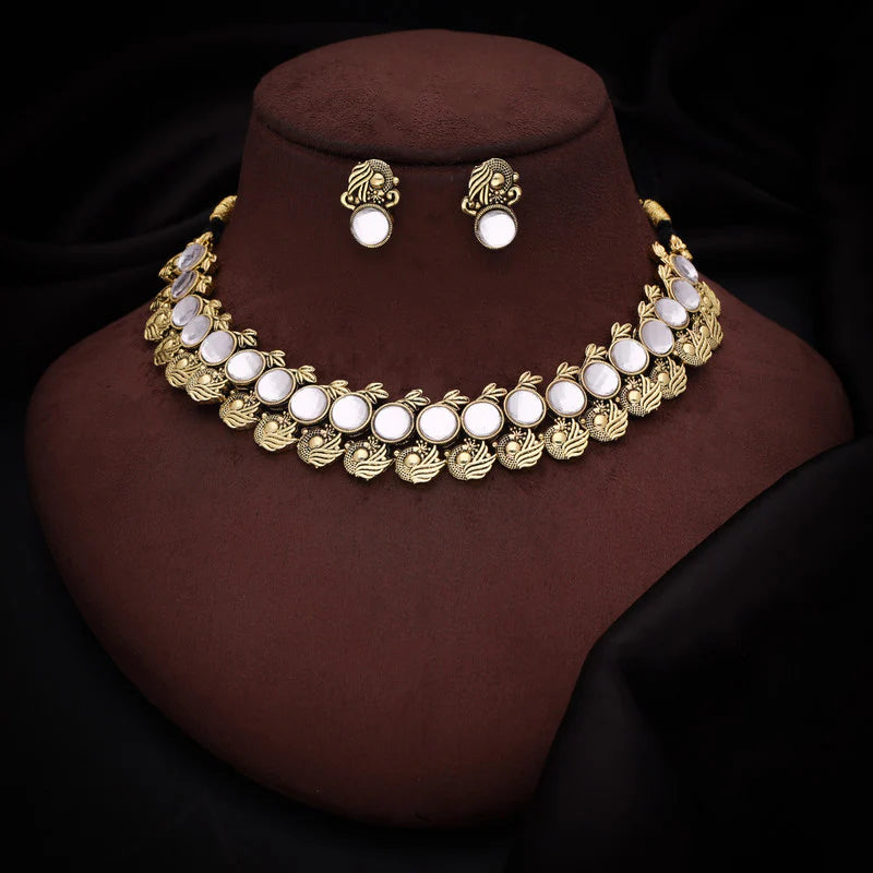 Tehzeeb Creation White  Colour Gold Plated  Stone Jewellery Choker Necklace set with Matching Pair of stud Earrings THZ142