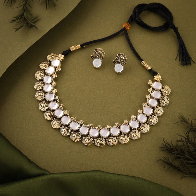 Tehzeeb Creation White  Colour Gold Plated  Stone Jewellery Choker Necklace set with Matching Pair of stud Earrings THZ142