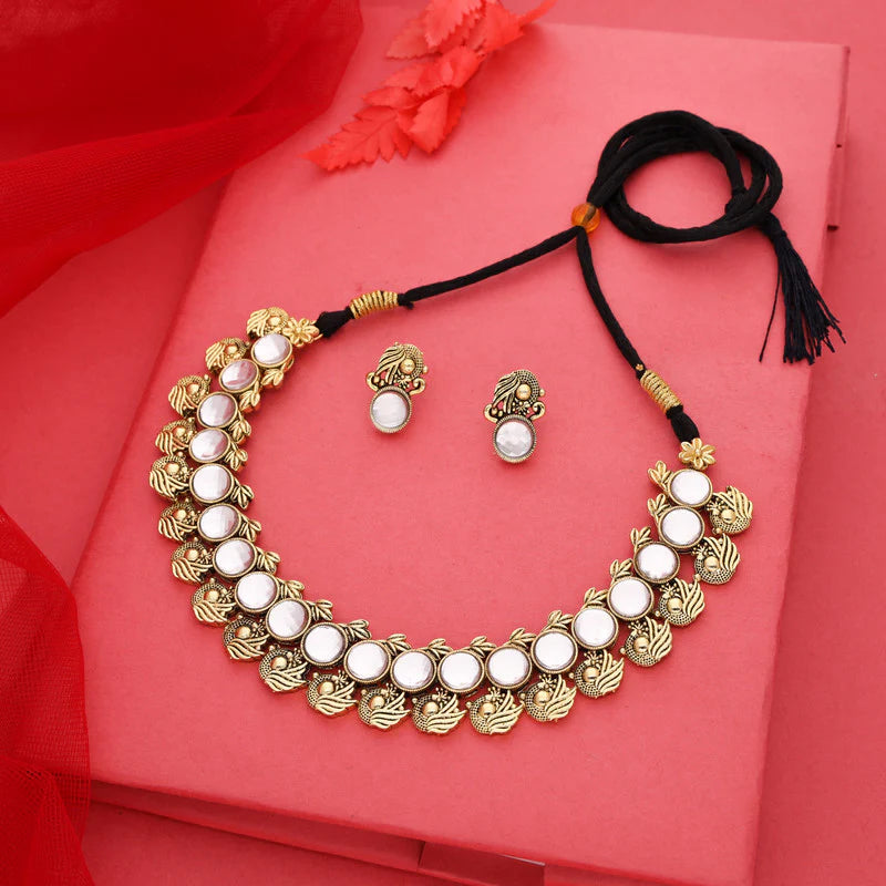 Tehzeeb Creation White  Colour Gold Plated  Stone Jewellery Choker Necklace set with Matching Pair of stud Earrings THZ142