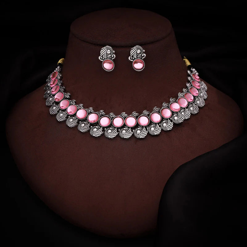 Tehzeeb Creation Silver Plated Pink Colour Stone Jewellery Choker Necklace set with Matching Pair of stud Earrings THZ143