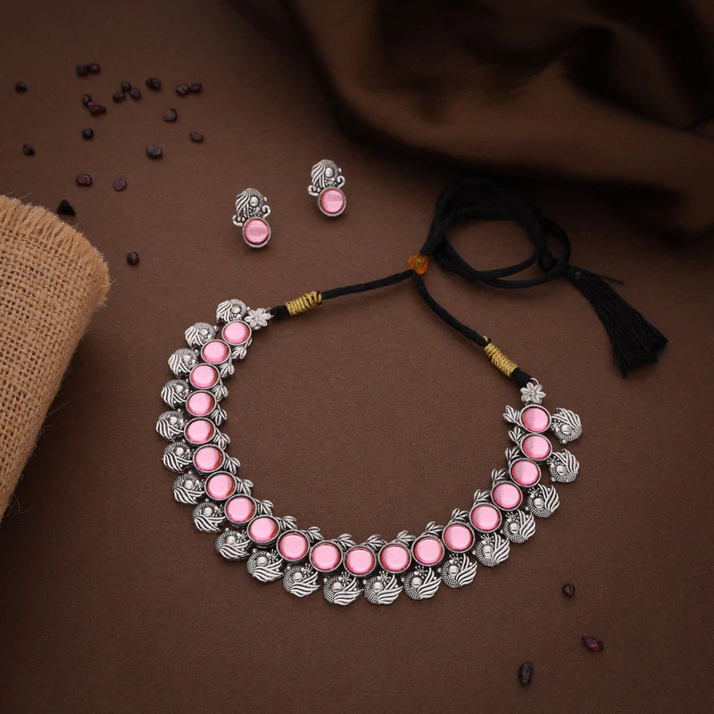 Tehzeeb Creation Silver Plated Pink Colour Stone Jewellery Choker Necklace set with Matching Pair of stud Earrings THZ143