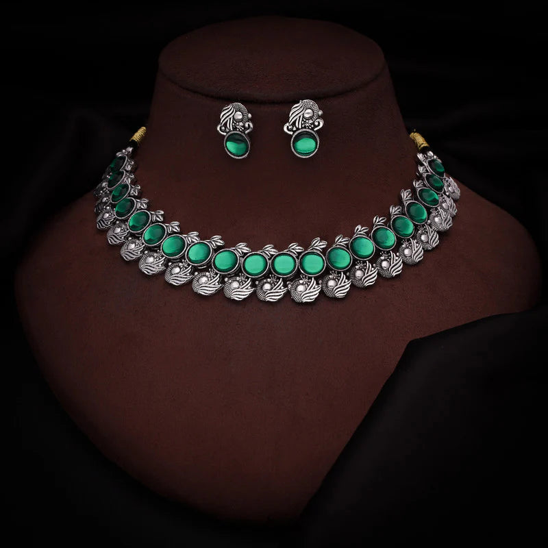Tehzeeb Creation Silver Plated Green Colour Stone Jewellery Choker Necklace set with Matching Pair of stud Earrings THZ144