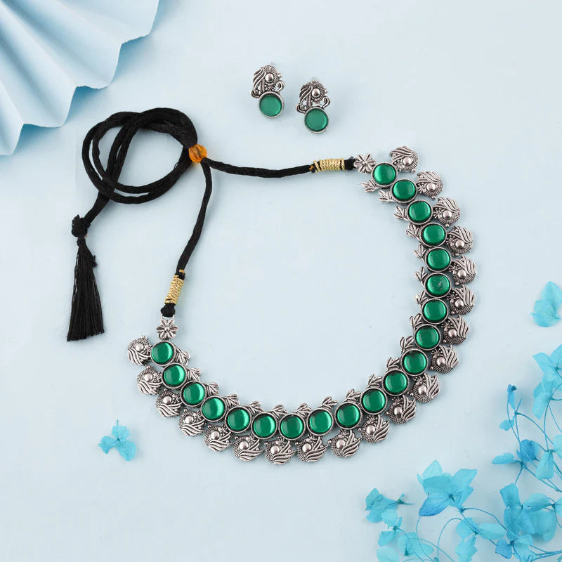 Tehzeeb Creation Silver Plated Green Colour Stone Jewellery Choker Necklace set with Matching Pair of stud Earrings THZ144