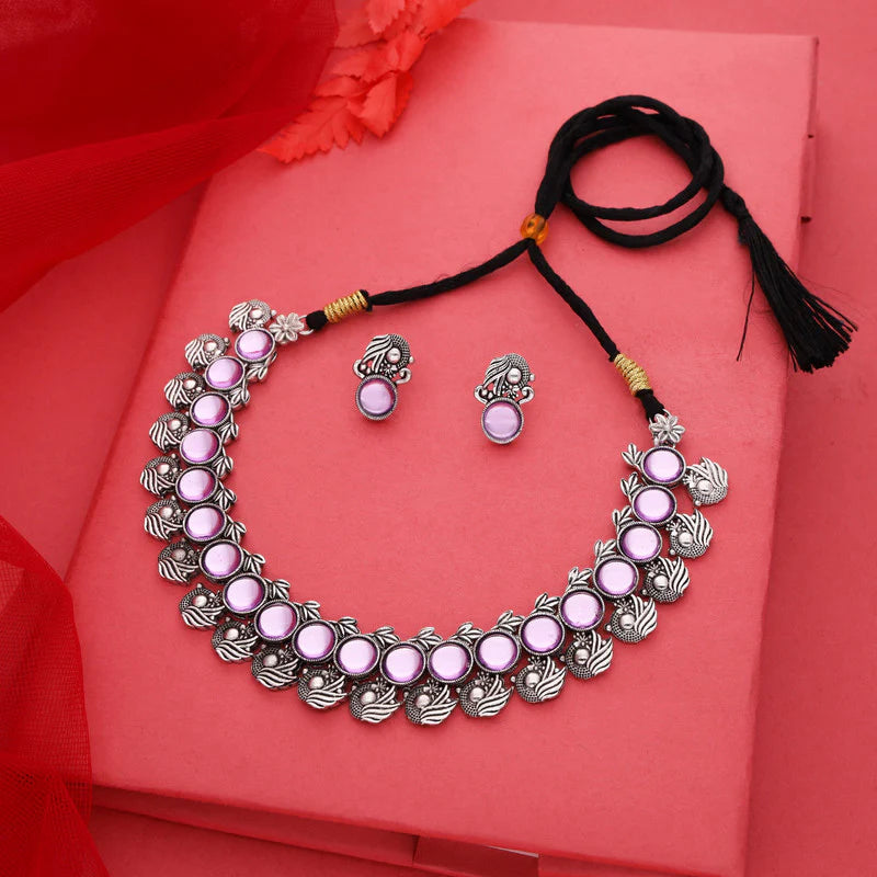 Tehzeeb Creation Silver Plated Lavender Colour Stone Jewellery Choker Necklace set with Matching Pair of stud Earrings THZ145