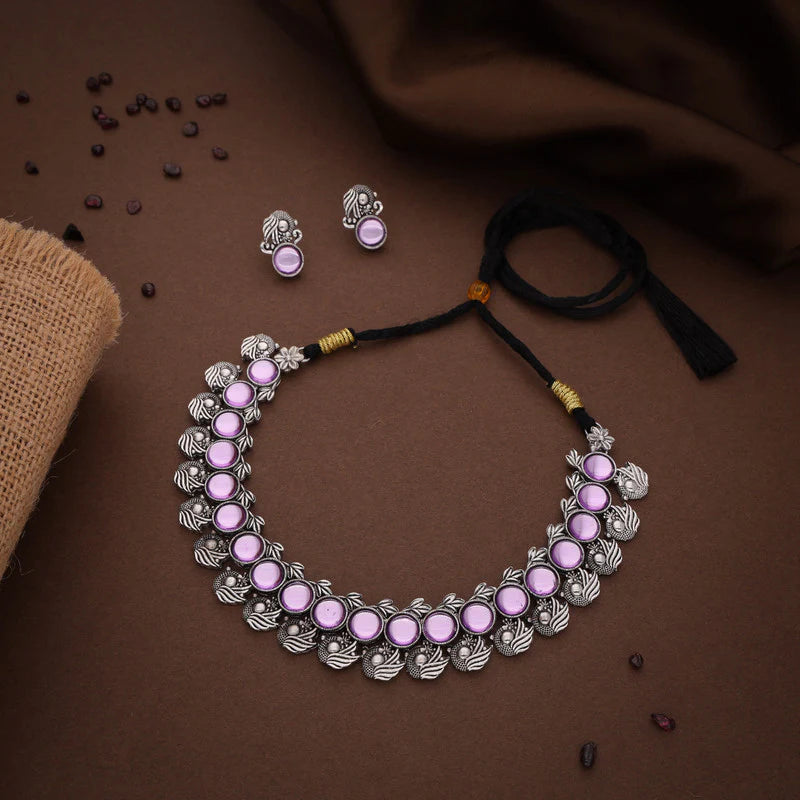 Tehzeeb Creation Silver Plated Lavender Colour Stone Jewellery Choker Necklace set with Matching Pair of stud Earrings THZ145