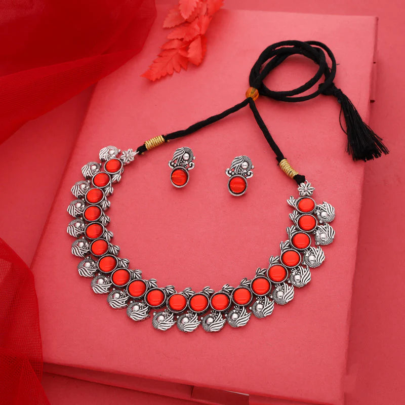 Tehzeeb Creation Silver Plated Orange Colour Stone Jewellery Choker Necklace set with Matching Pair of stud Earrings THZ146
