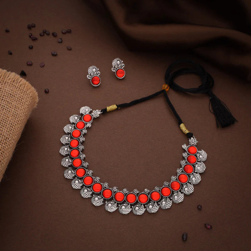 Tehzeeb Creation Silver Plated Orange Colour Stone Jewellery Choker Necklace set with Matching Pair of stud Earrings THZ146