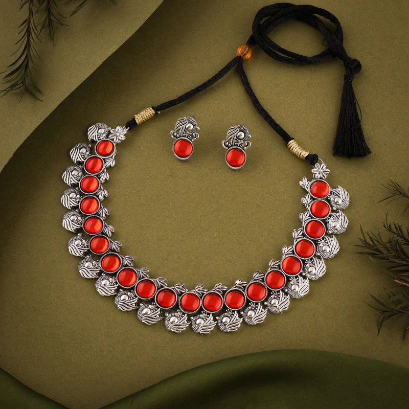 Tehzeeb Creation Silver Plated Orange Colour Stone Jewellery Choker Necklace set with Matching Pair of stud Earrings THZ146