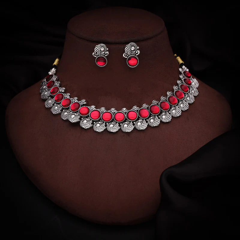 Tehzeeb Creation Silver Plated Pink Colour Stone Jewellery Choker Necklace set with Matching Pair of stud Earrings THZ147