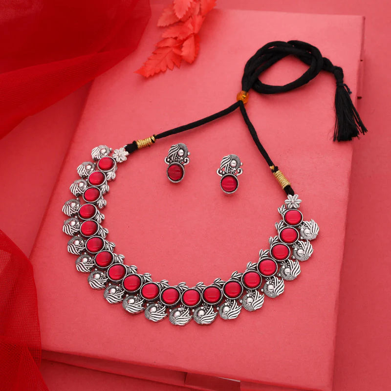 Tehzeeb Creation Silver Plated Pink Colour Stone Jewellery Choker Necklace set with Matching Pair of stud Earrings THZ147