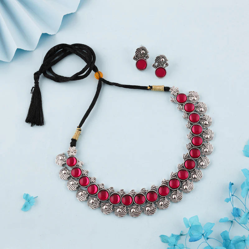 Tehzeeb Creation Silver Plated Pink Colour Stone Jewellery Choker Necklace set with Matching Pair of stud Earrings THZ147
