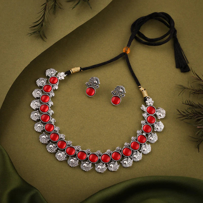 Tehzeeb Creation Silver Plated Red Colour Stone Jewellery Choker Necklace set with Matching Pair of stud Earrings THZ148
