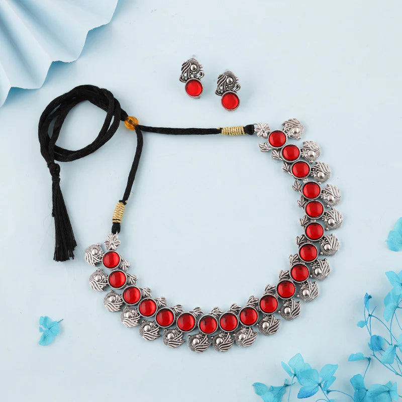 Tehzeeb Creation Silver Plated Red Colour Stone Jewellery Choker Necklace set with Matching Pair of stud Earrings THZ148