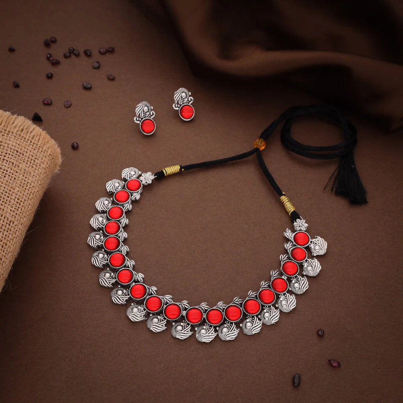 Tehzeeb Creation Silver Plated Red Colour Stone Jewellery Choker Necklace set with Matching Pair of stud Earrings THZ148