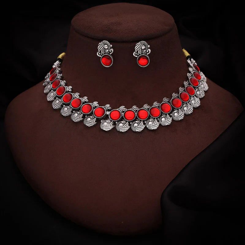 Tehzeeb Creation Silver Plated Red Colour Stone Jewellery Choker Necklace set with Matching Pair of stud Earrings THZ148