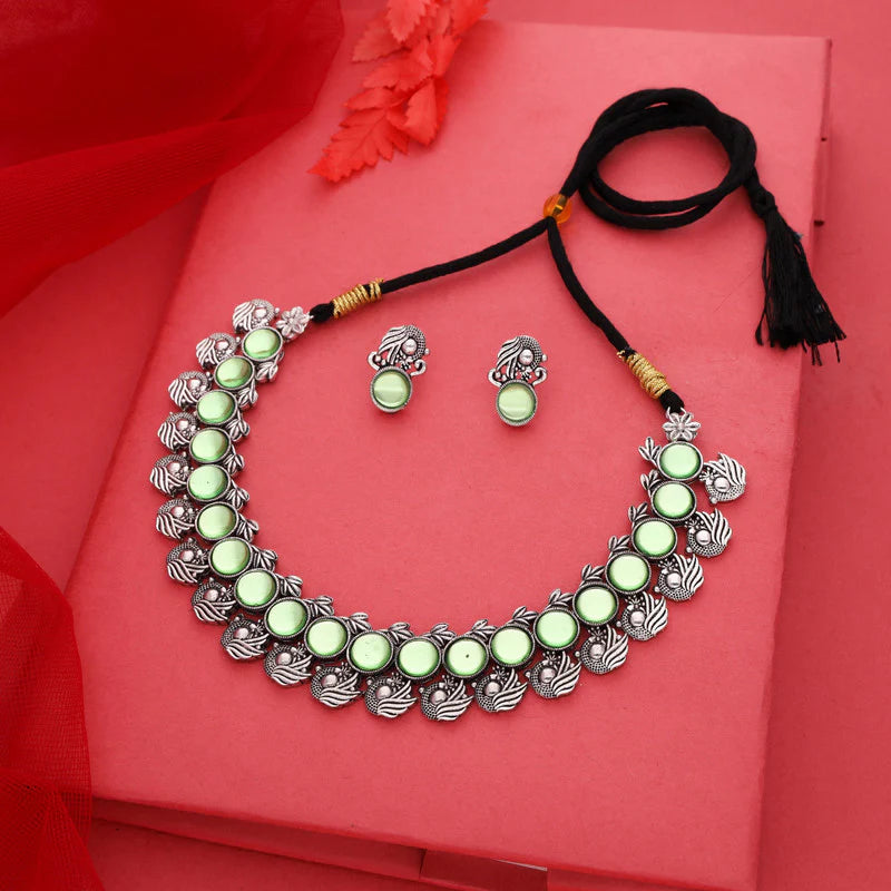 Tehzeeb Creation Silver Plated See Green Colour Stone Jewellery Choker Necklace set with Matching Pair of stud Earrings THZ149