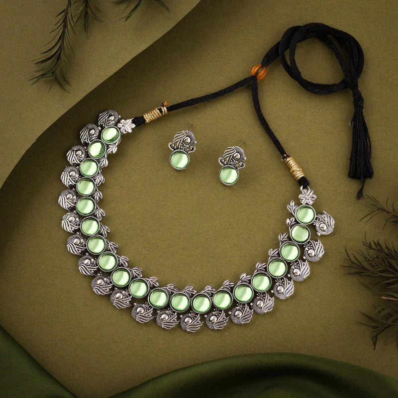 Tehzeeb Creation Silver Plated See Green Colour Stone Jewellery Choker Necklace set with Matching Pair of stud Earrings THZ149