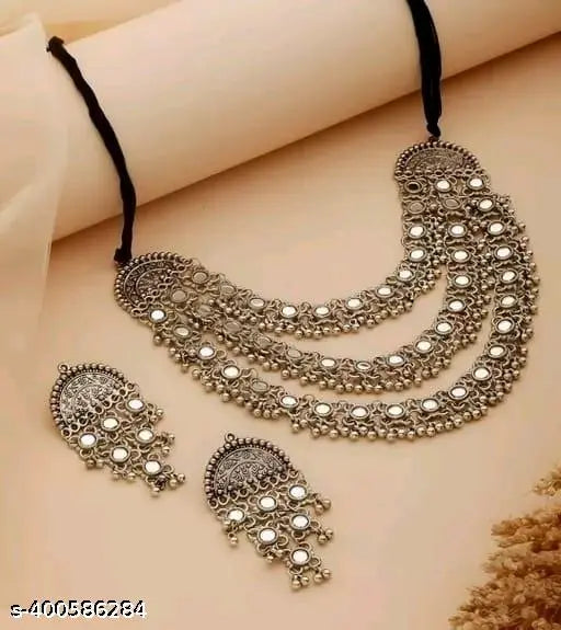 WOMENS SILVER COLOUR ANTIQUE NACKLACE AND EARRINGS WITH MIRROR WORK   THZ014