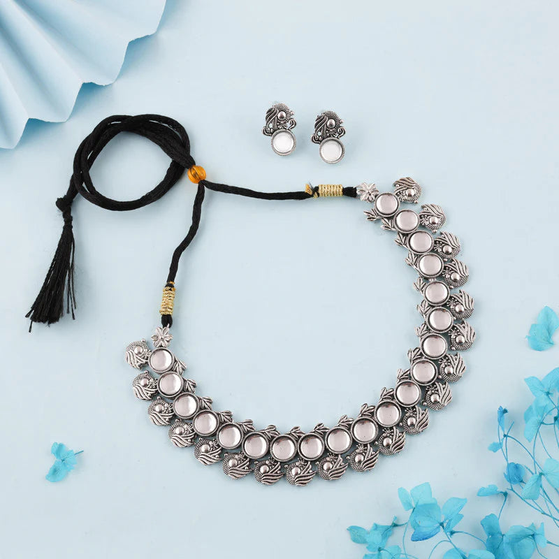 Tehzeeb Creation Silver Plated White Colour Stone Jewellery Choker Necklace set with Matching Pair of stud Earrings THZ151